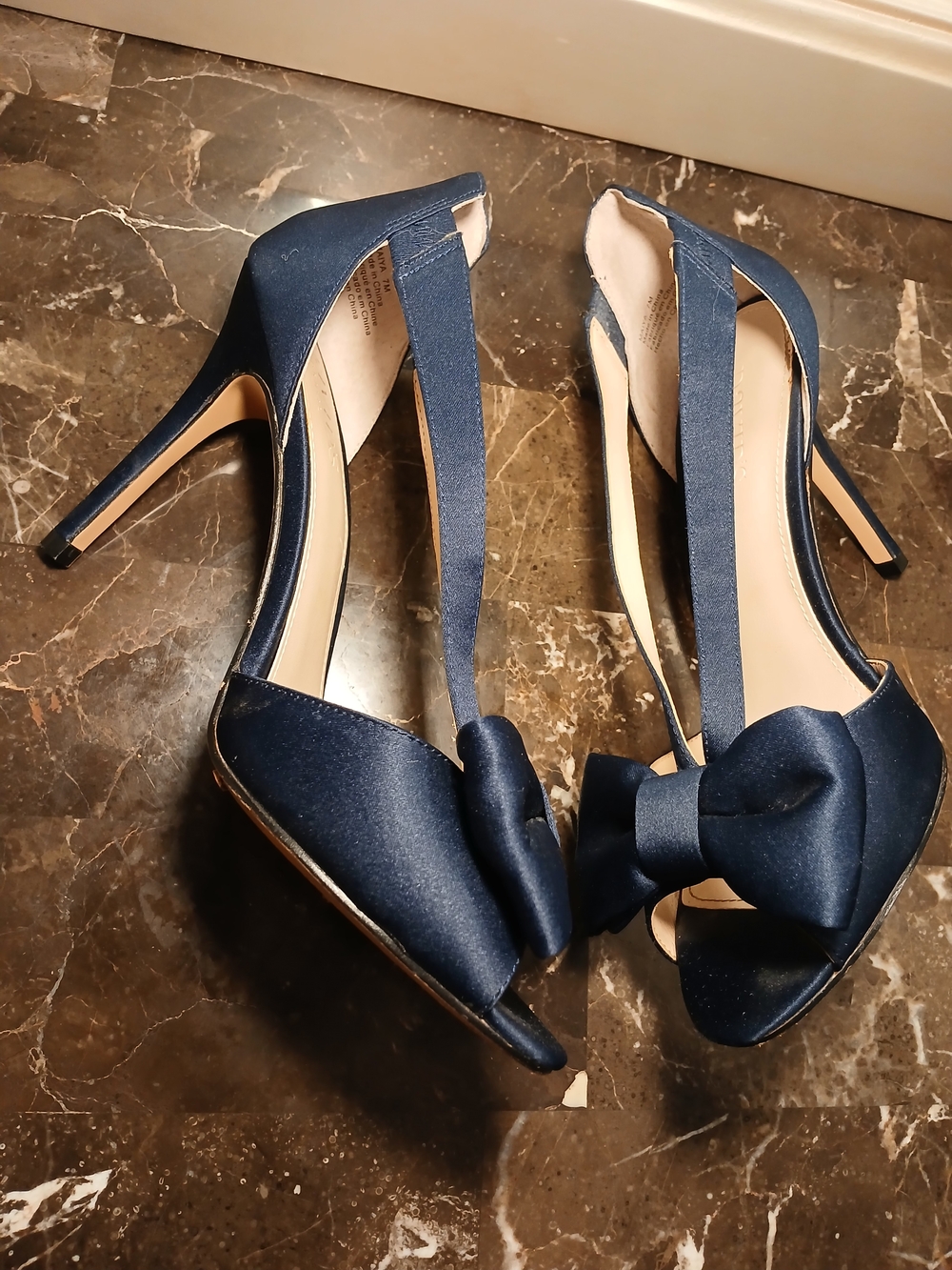 David's Bridal Navy Satin Bow Peep-Toe Heels - Picture 13 of 14